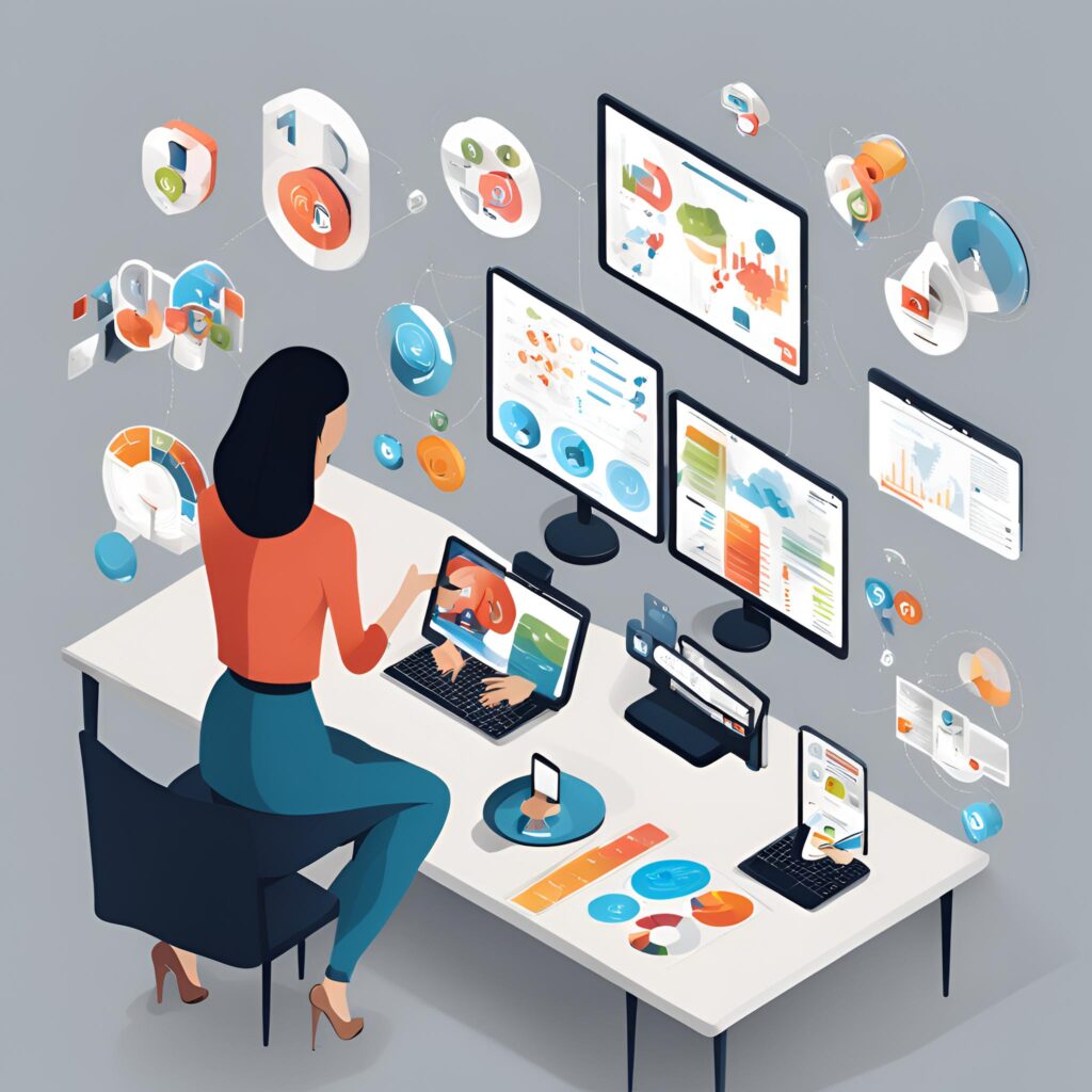 mujer de aspecto caucasico gestinando las redes sociales de una empresa. conjunto de dispositivos y tabletas sobre la mesa y alguna infografia para medir el imacto.